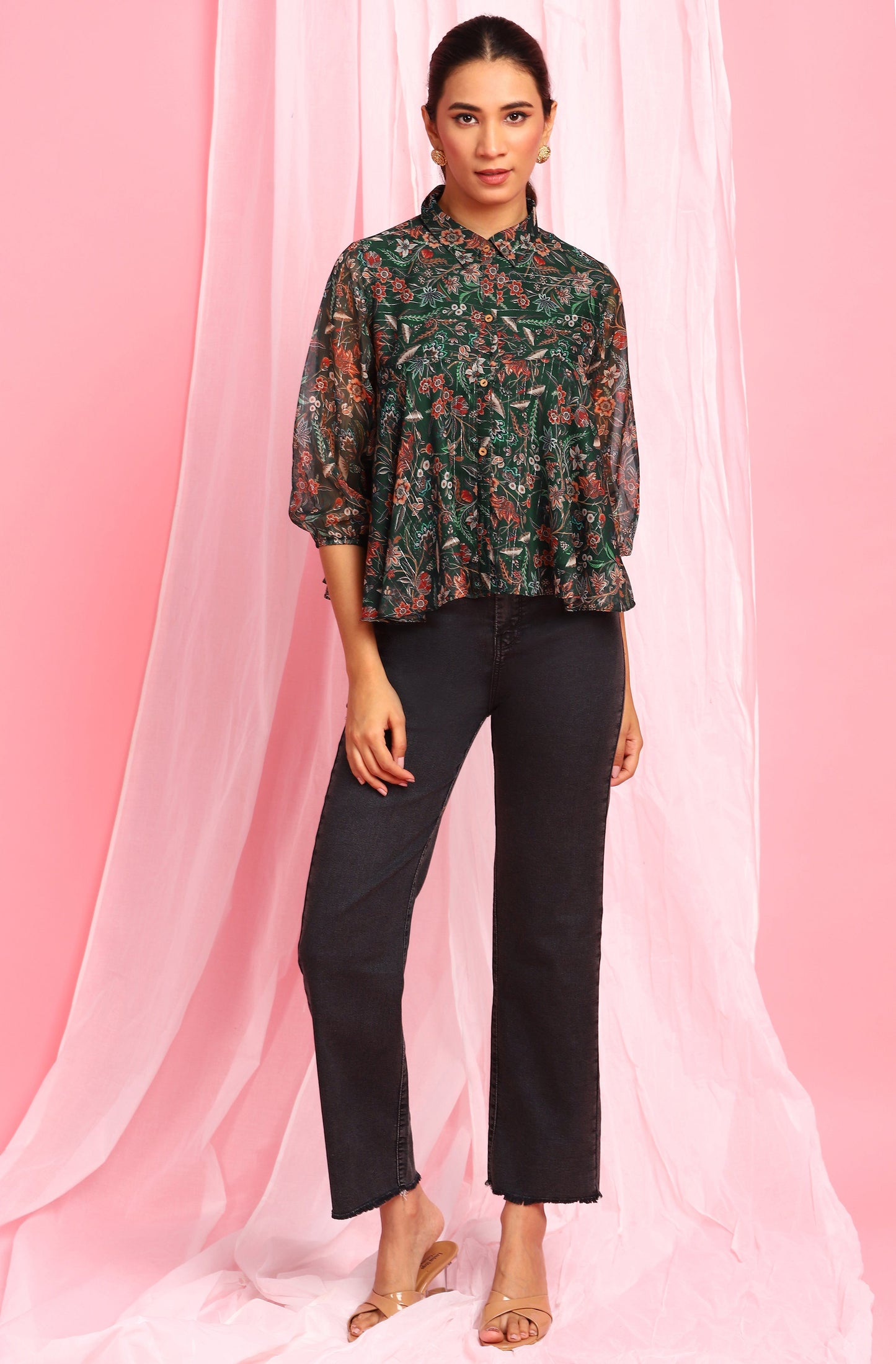 Janasya Women's Green Poly Georgette Floral Print Regular Top | Swadesiicart