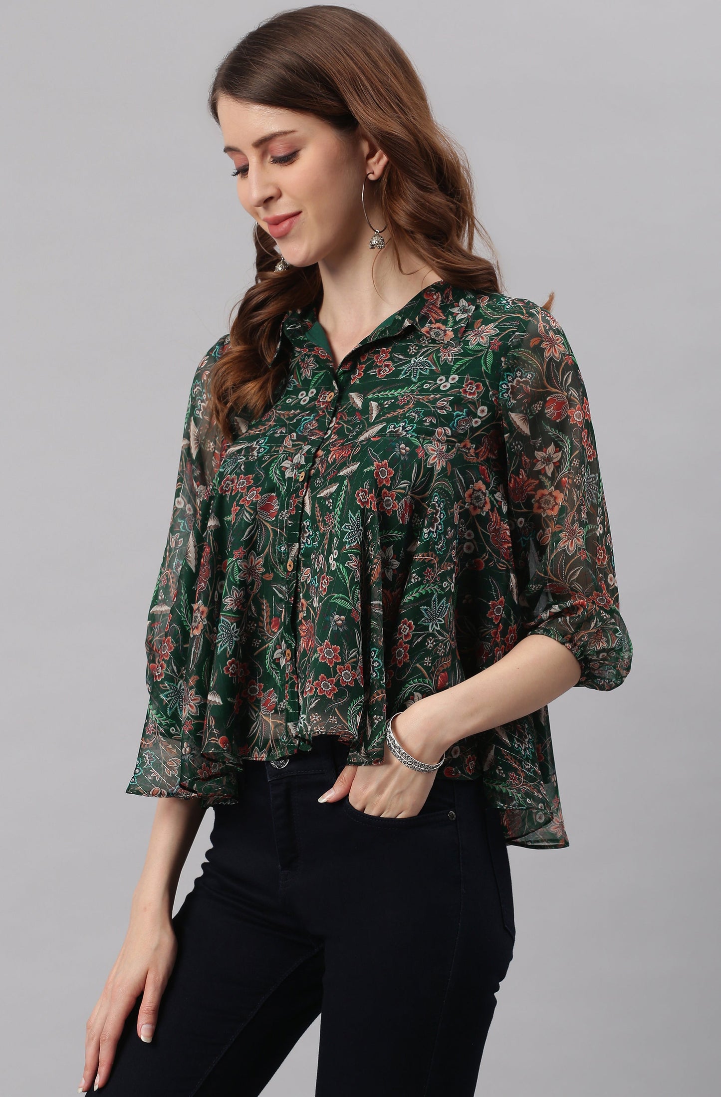 Janasya Women's Green Poly Georgette Floral Print Regular Top | Swadesiicart