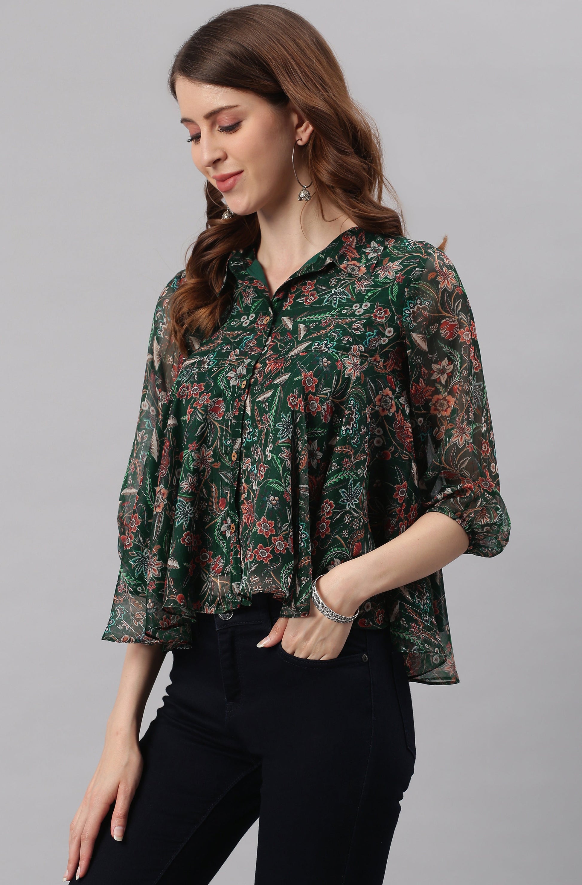 Janasya Women's Green Poly Georgette Floral Print Regular Top | Swadesiicart