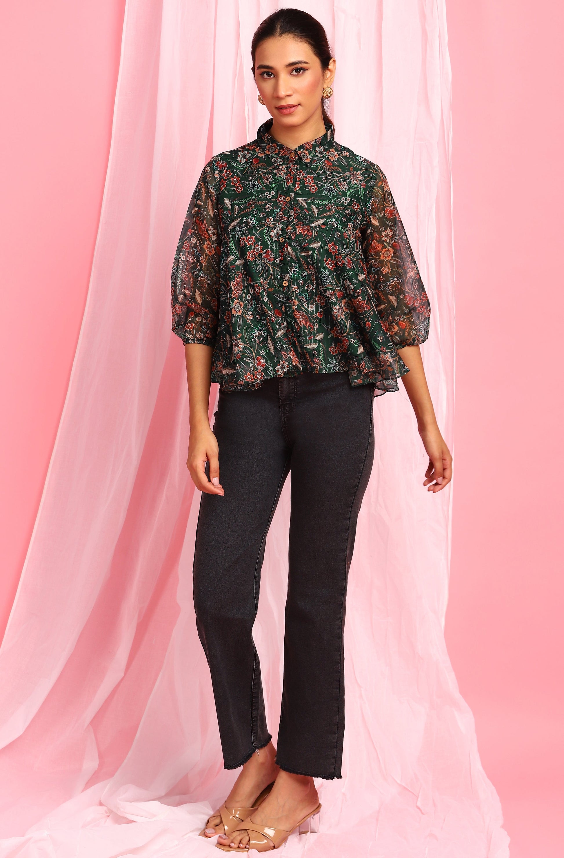 Janasya Women's Green Poly Georgette Floral Print Regular Top | Swadesiicart