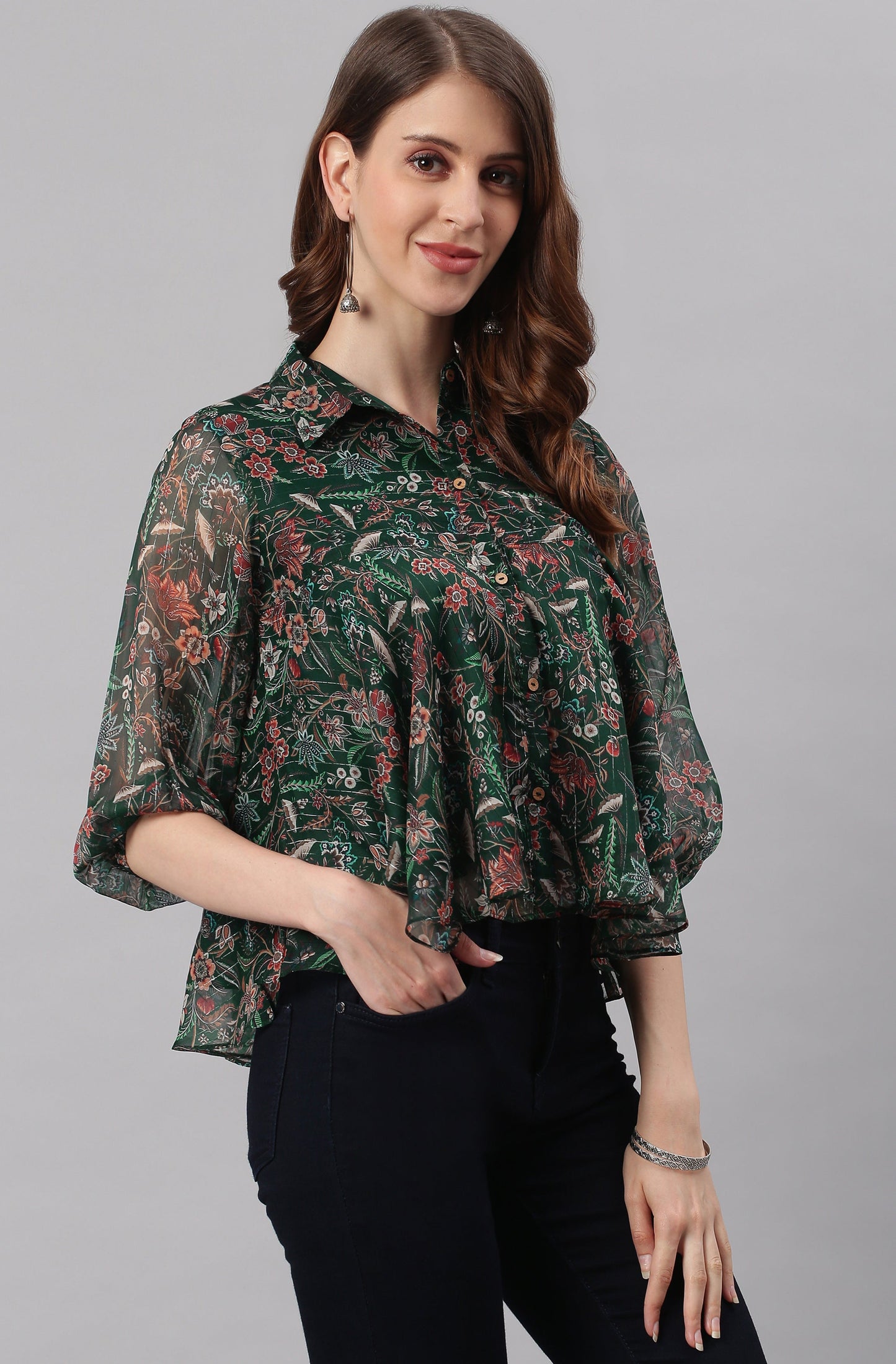 Janasya Women's Green Poly Georgette Floral Print Regular Top | Swadesiicart