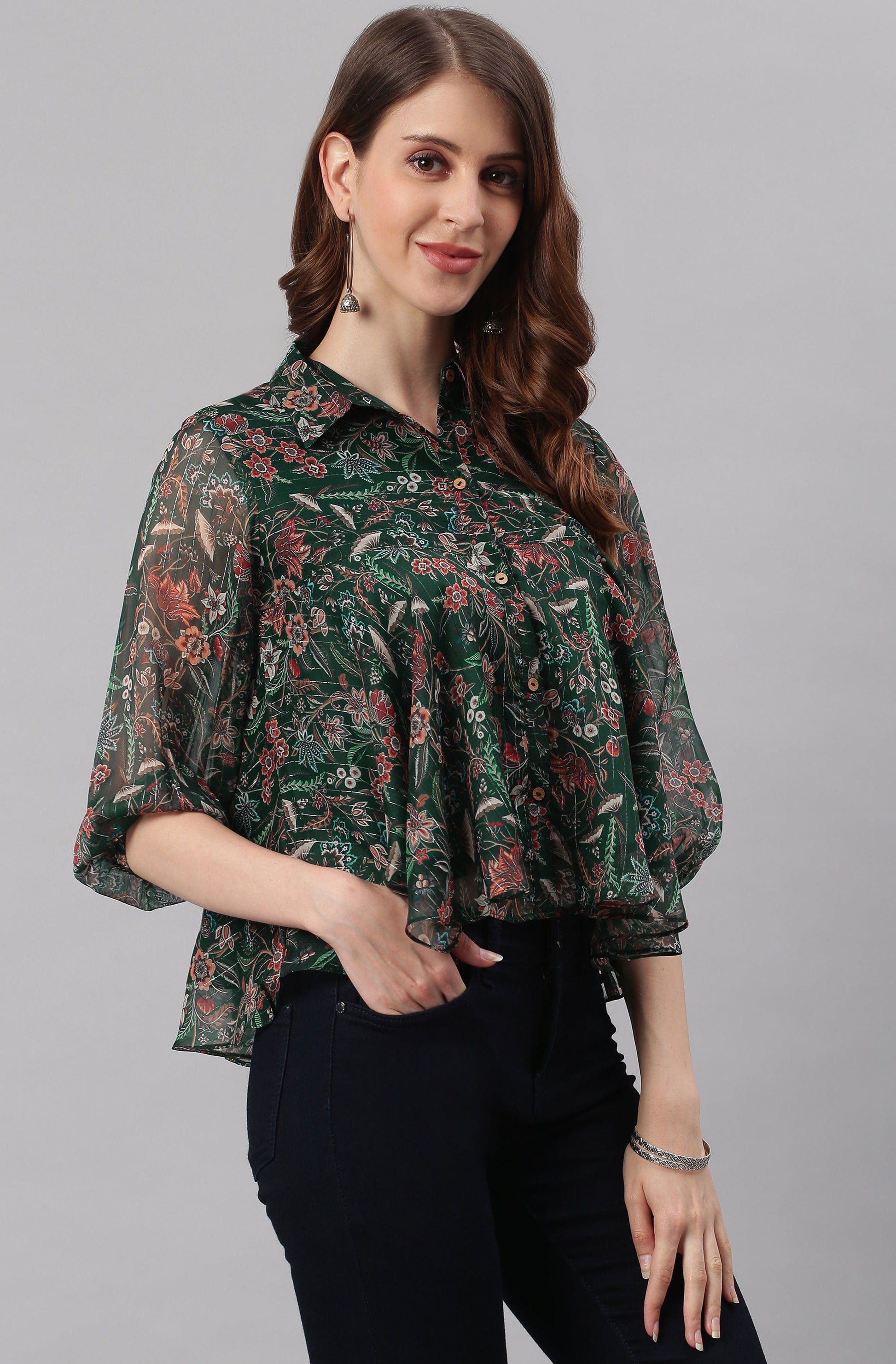 Janasya Women's Green Poly Georgette Floral Print Regular Top | Swadesiicart