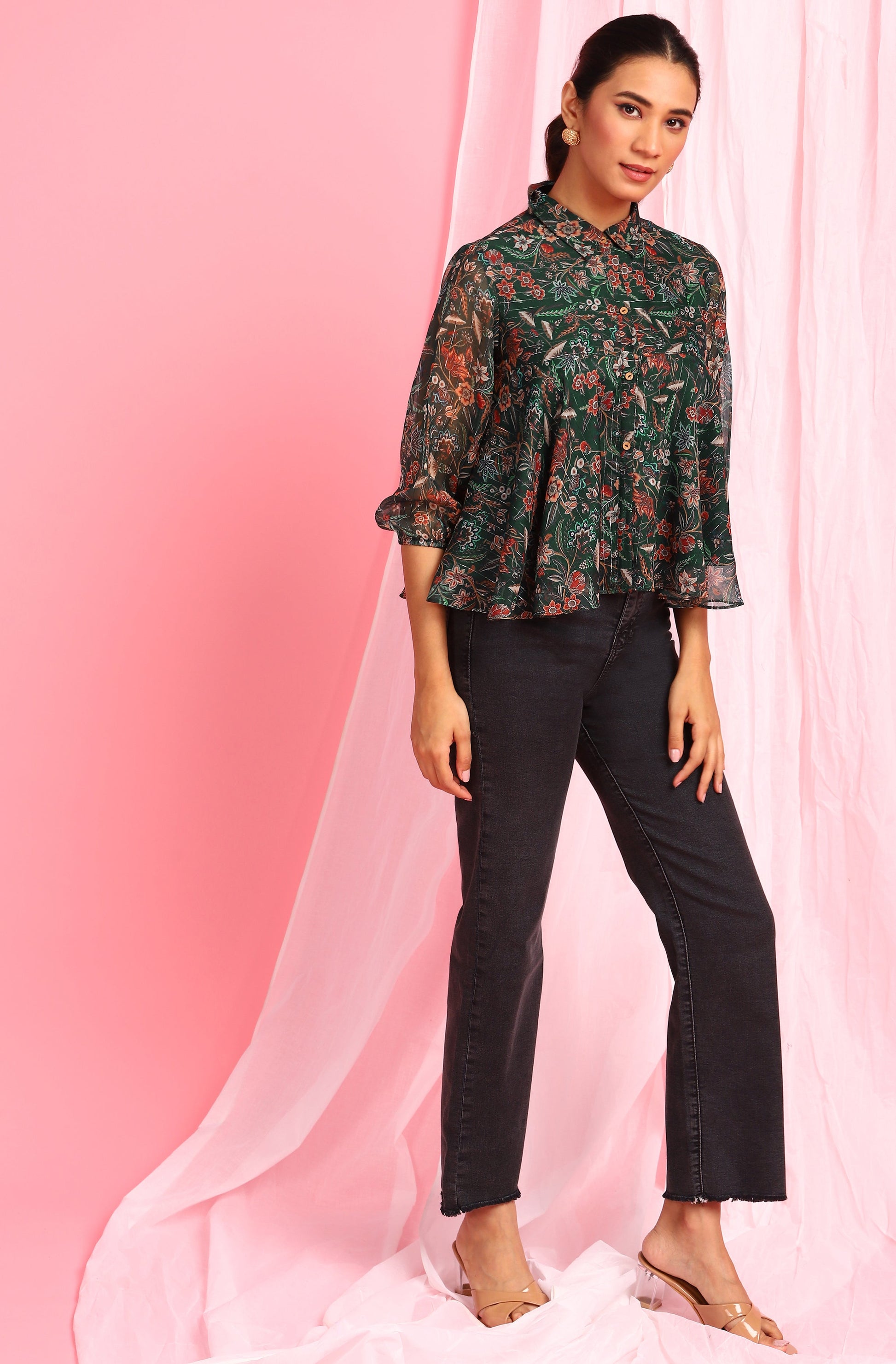 Janasya Women's Green Poly Georgette Floral Print Regular Top | Swadesiicart