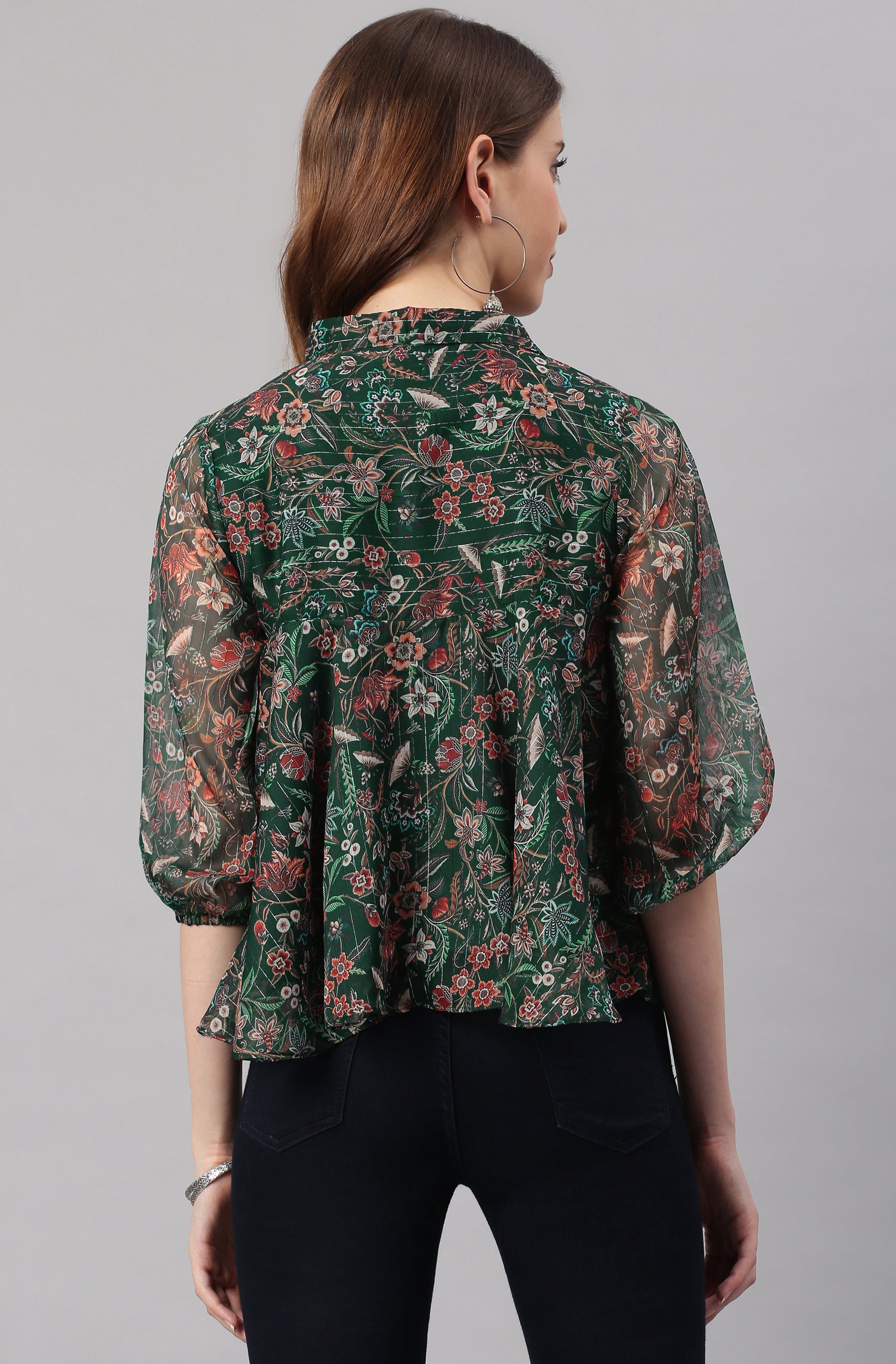 Janasya Women's Green Poly Georgette Floral Print Regular Top | Swadesiicart