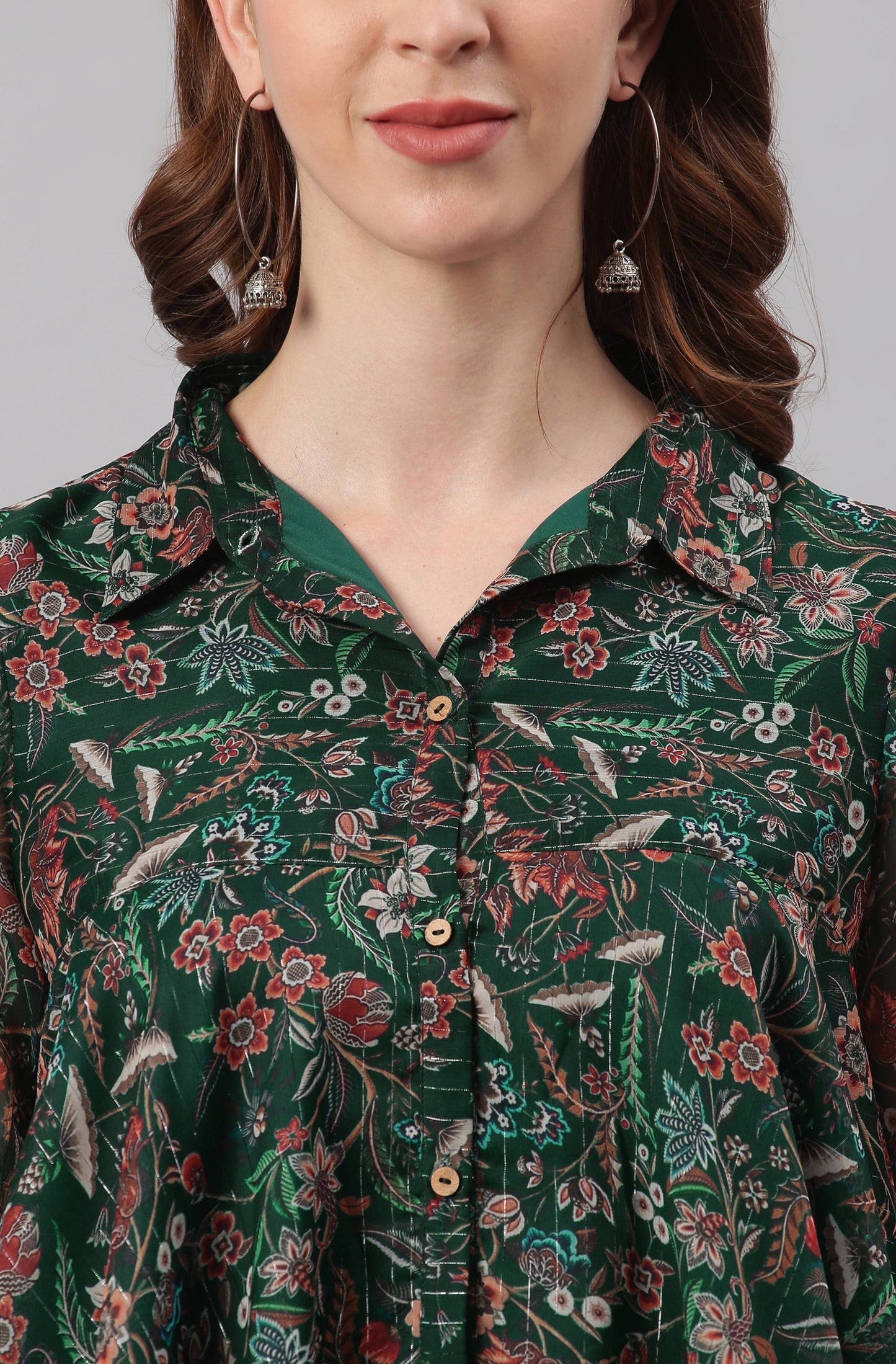 Janasya Women's Green Poly Georgette Floral Print Regular Top | Swadesiicart
