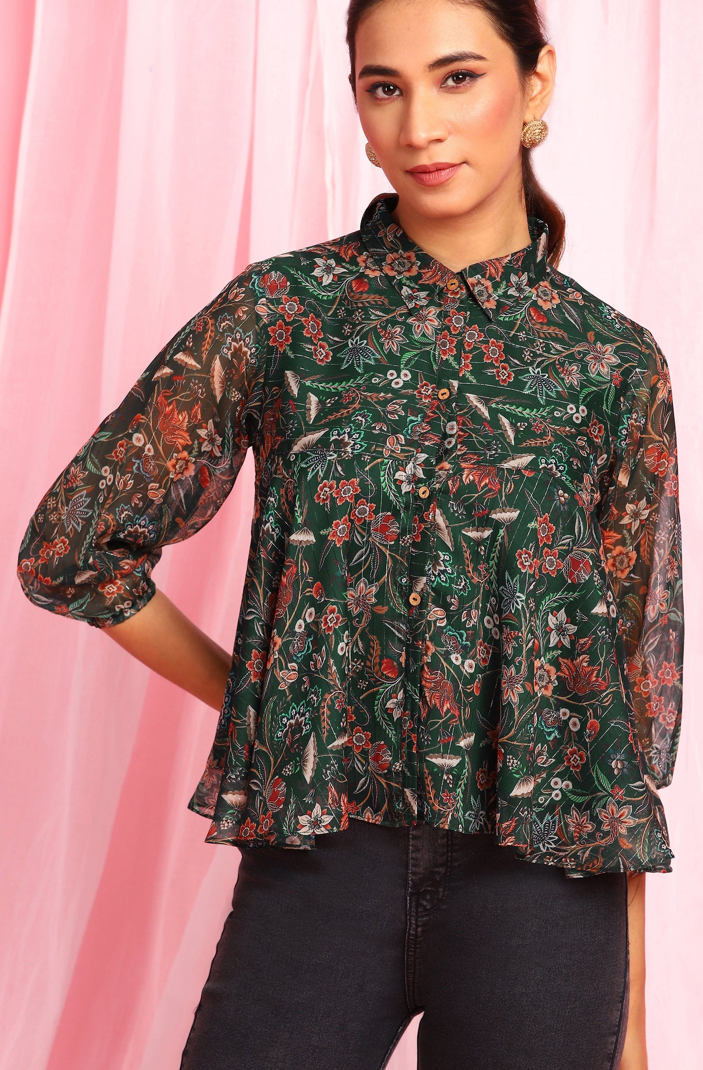 Janasya Women's Green Poly Georgette Floral Print Regular Top | Swadesiicart