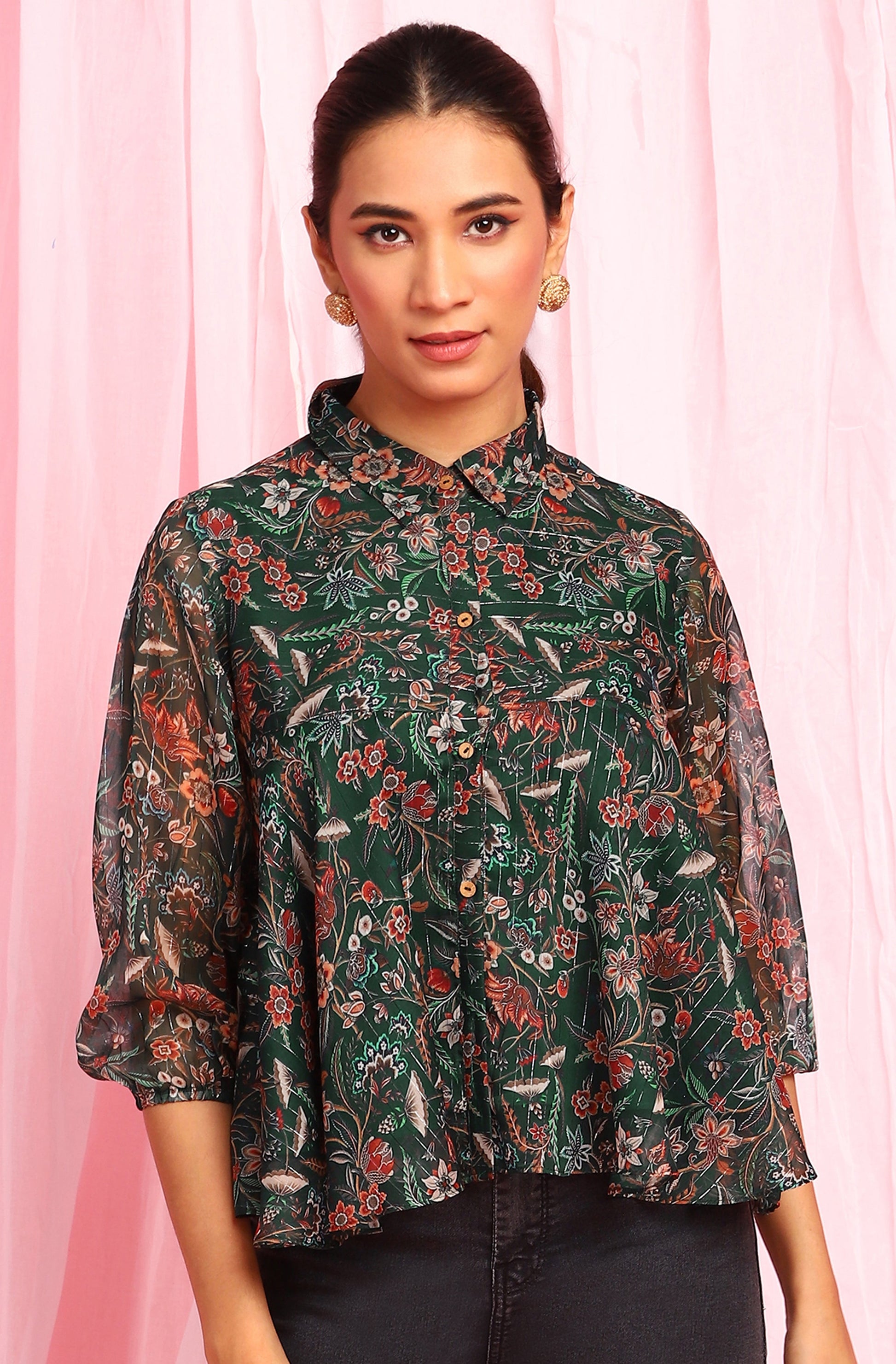 Janasya Women's Green Poly Georgette Floral Print Regular Top | Swadesiicart
