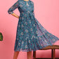 Janasya Blue Poly Georgette Floral Flared Western Dress | Swadesiicart