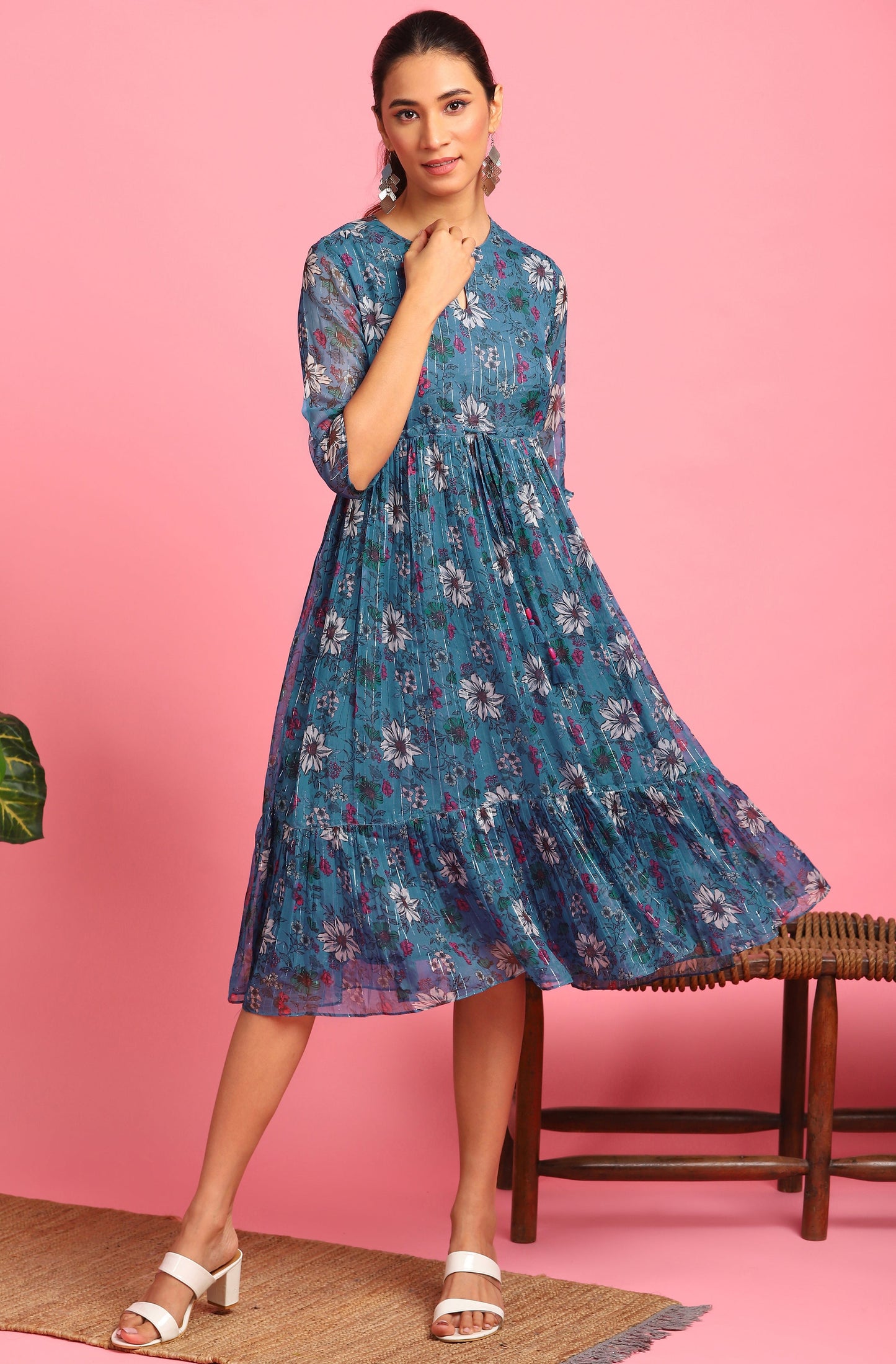 Janasya Blue Poly Georgette Floral Flared Western Dress | Swadesiicart