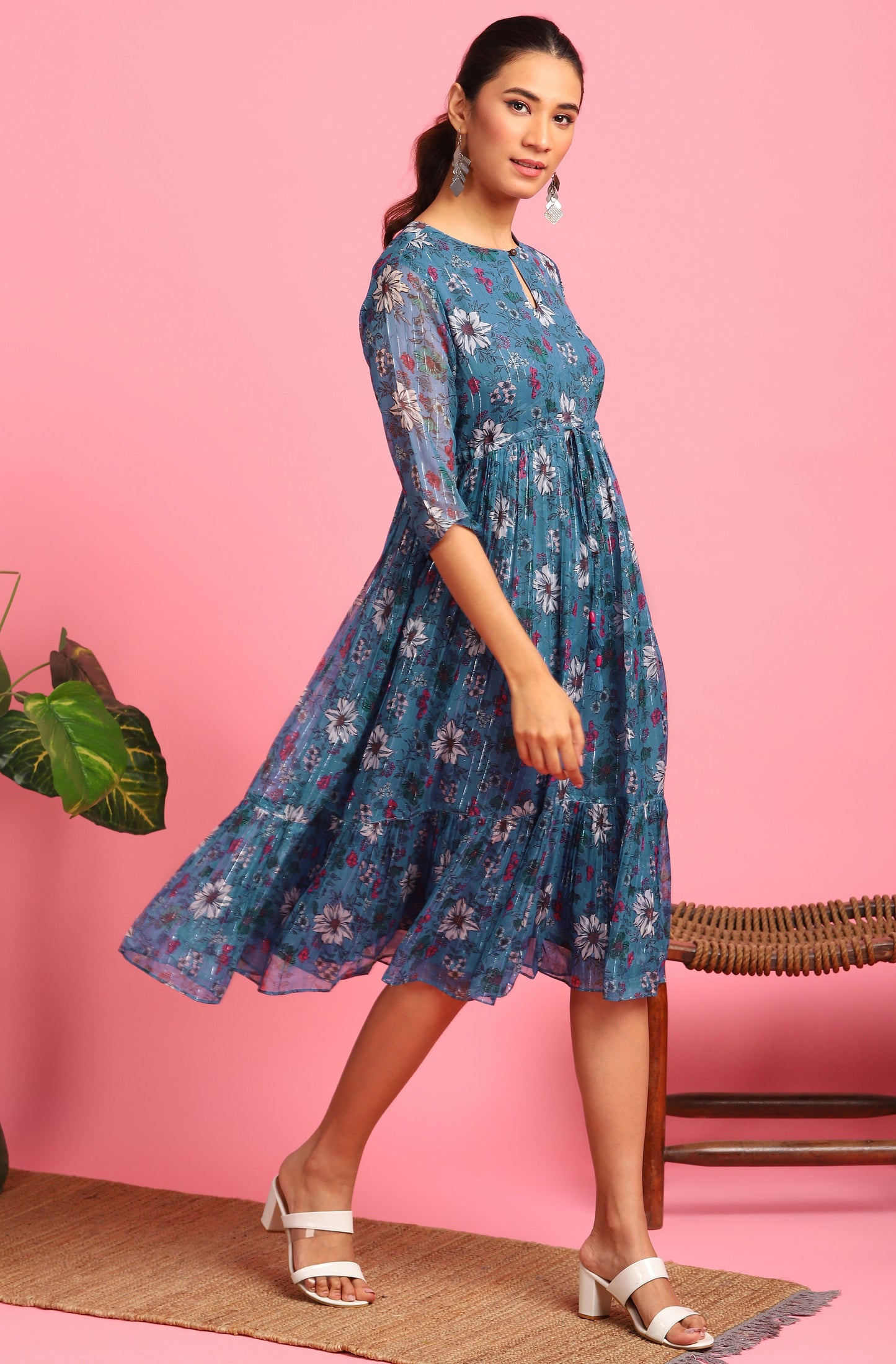 Janasya Blue Poly Georgette Floral Flared Western Dress | Swadesiicart