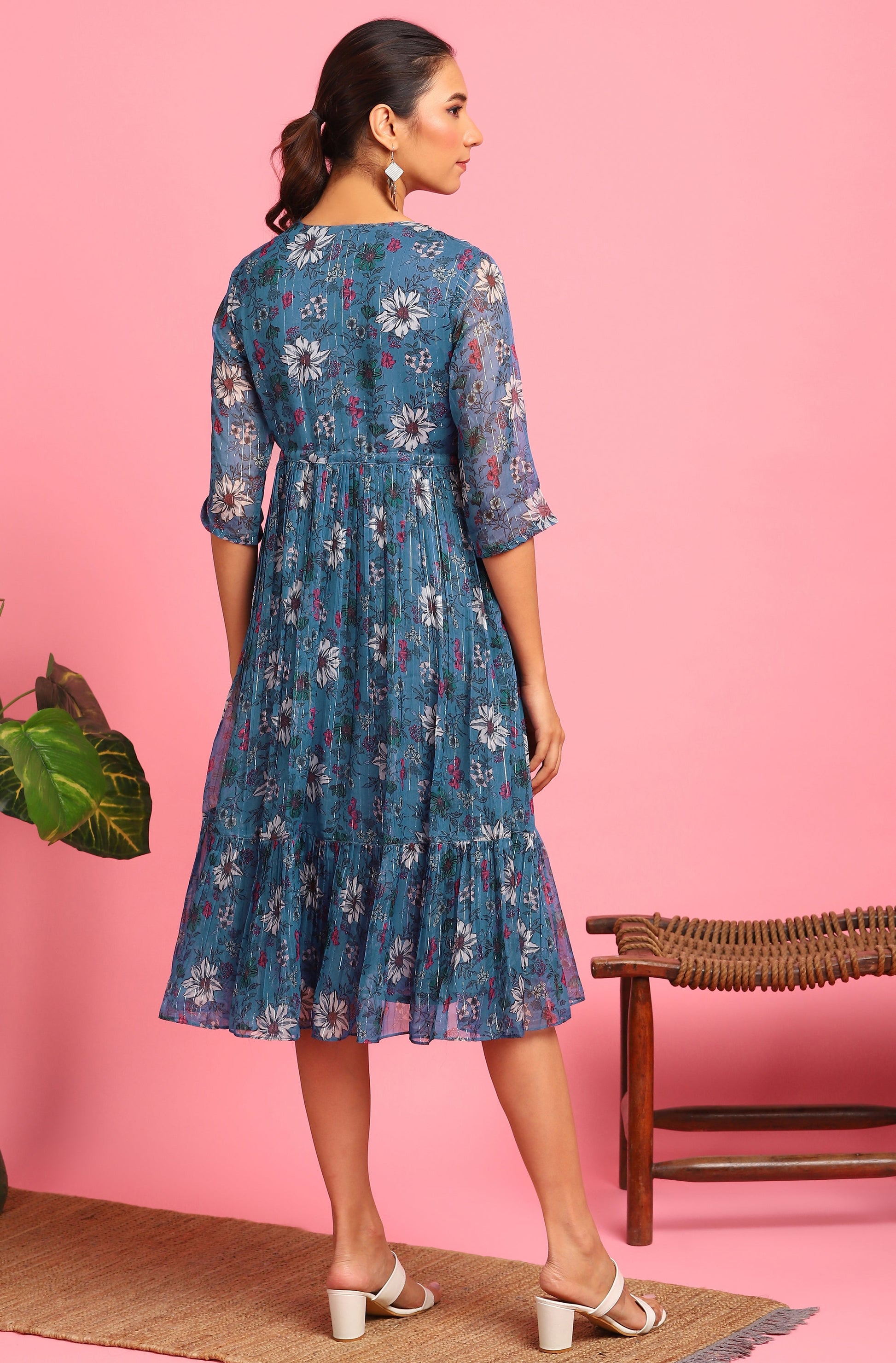 Janasya Blue Poly Georgette Floral Flared Western Dress | Swadesiicart