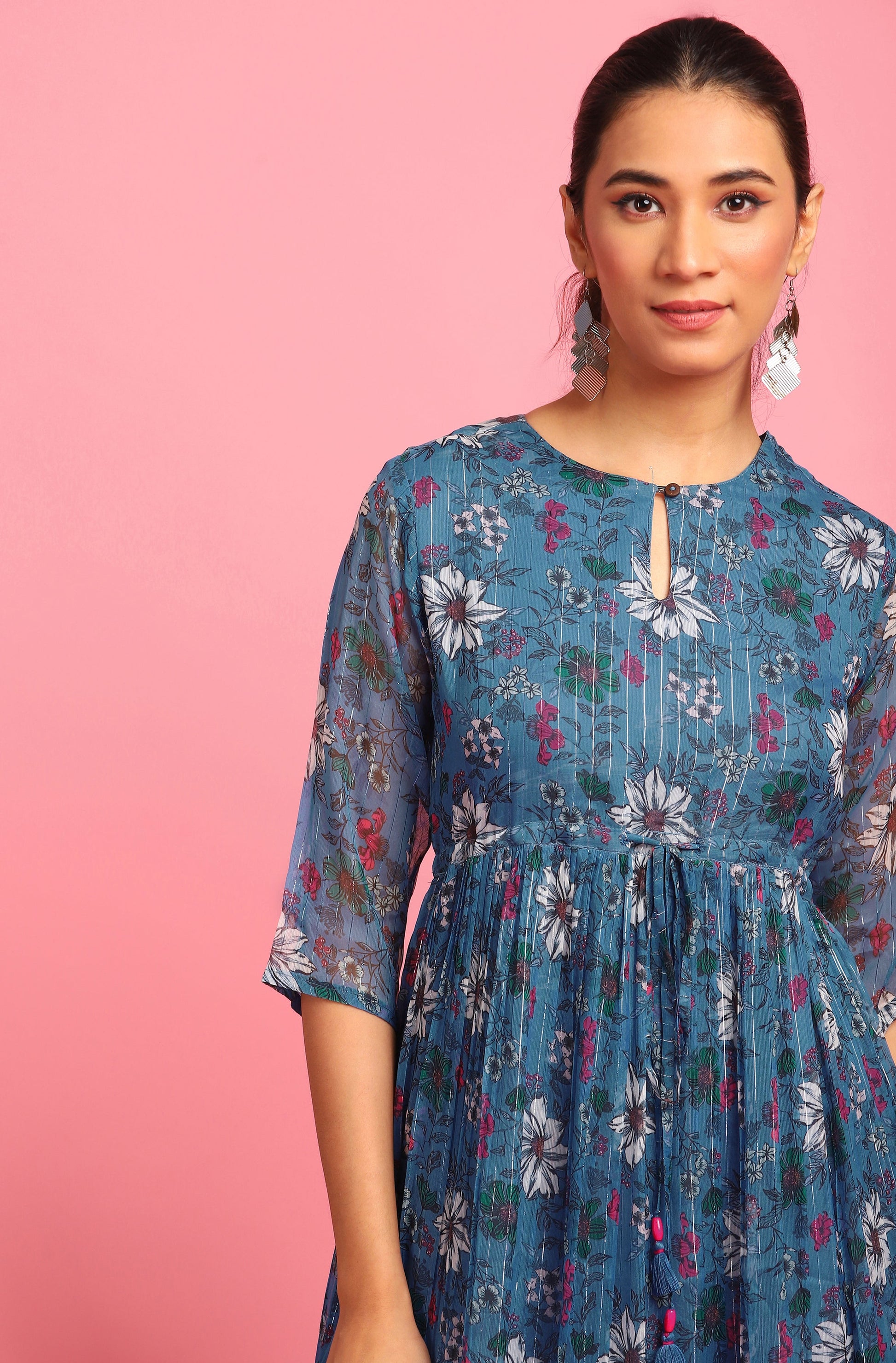 Janasya Blue Poly Georgette Floral Flared Western Dress | Swadesiicart