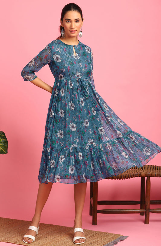 Janasya Blue Poly Georgette Floral Flared Western Dress | Swadesiicart