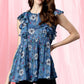 Janasya Women's Blue Poly Georgette Floral Print Gathered Top | Swadesiicart
