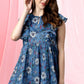 Janasya Women's Blue Poly Georgette Floral Print Gathered Top | Swadesiicart