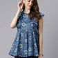 Janasya Women's Blue Poly Georgette Floral Print Gathered Top | Swadesiicart