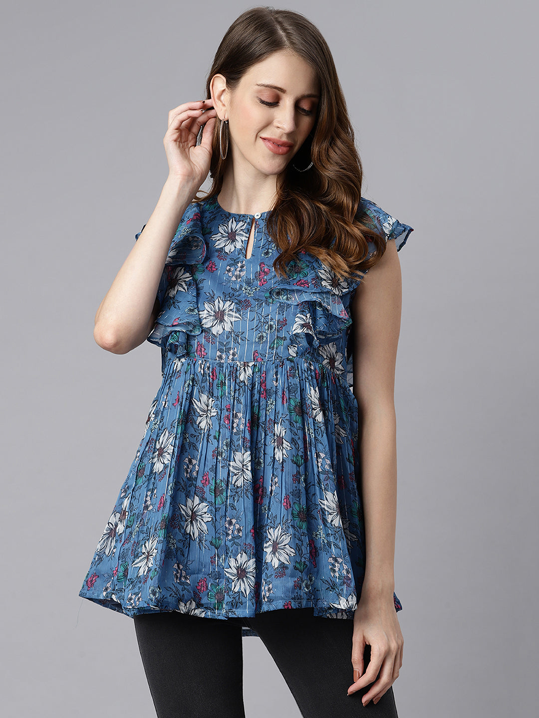 Janasya Women's Blue Poly Georgette Floral Print Gathered Top | Swadesiicart