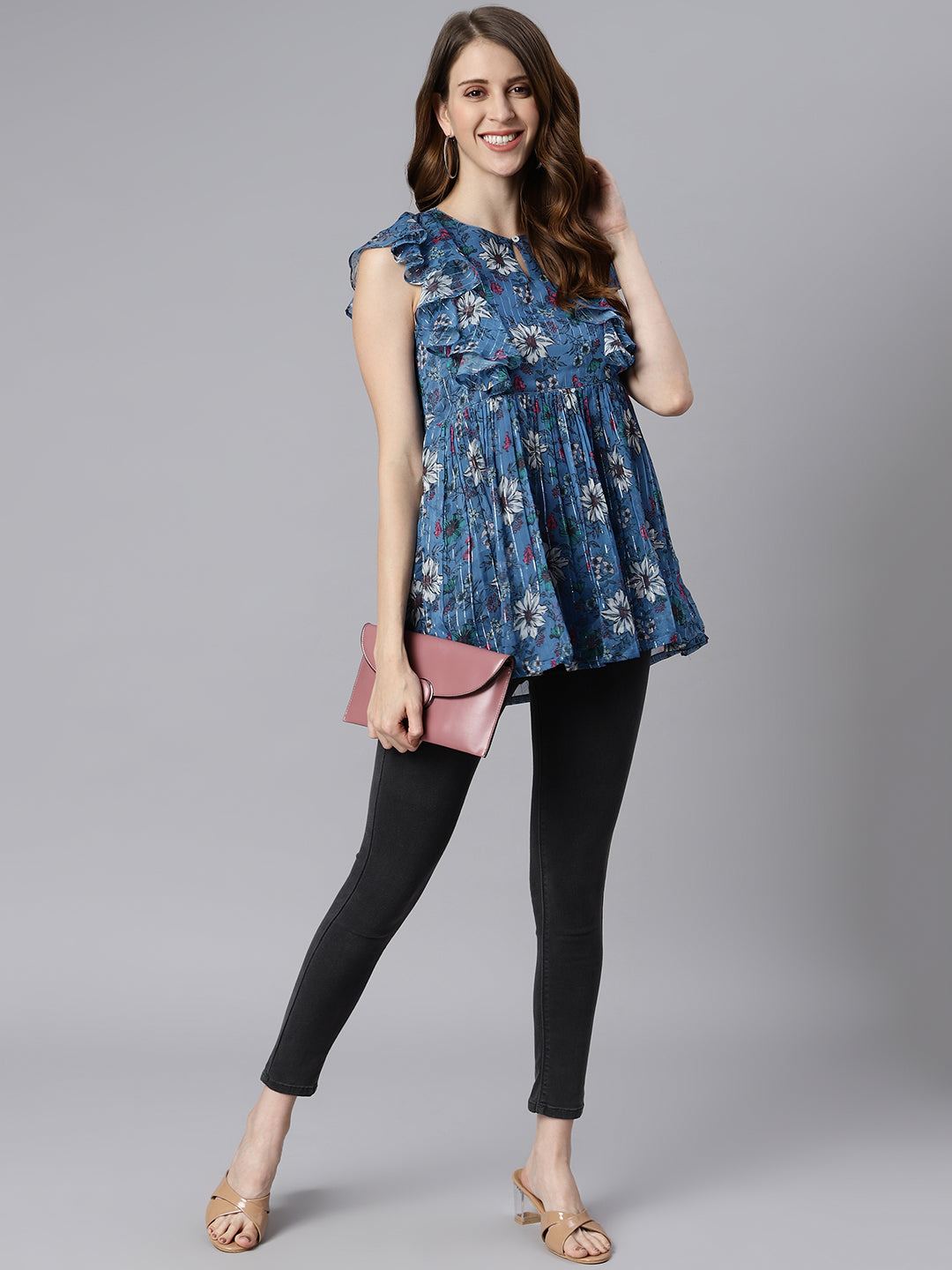 Janasya Women's Blue Poly Georgette Floral Print Gathered Top | Swadesiicart