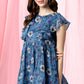 Janasya Women's Blue Poly Georgette Floral Print Gathered Top | Swadesiicart