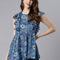 Janasya Women's Blue Poly Georgette Floral Print Gathered Top | Swadesiicart