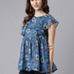 Janasya Women's Blue Poly Georgette Floral Print Gathered Top | Swadesiicart