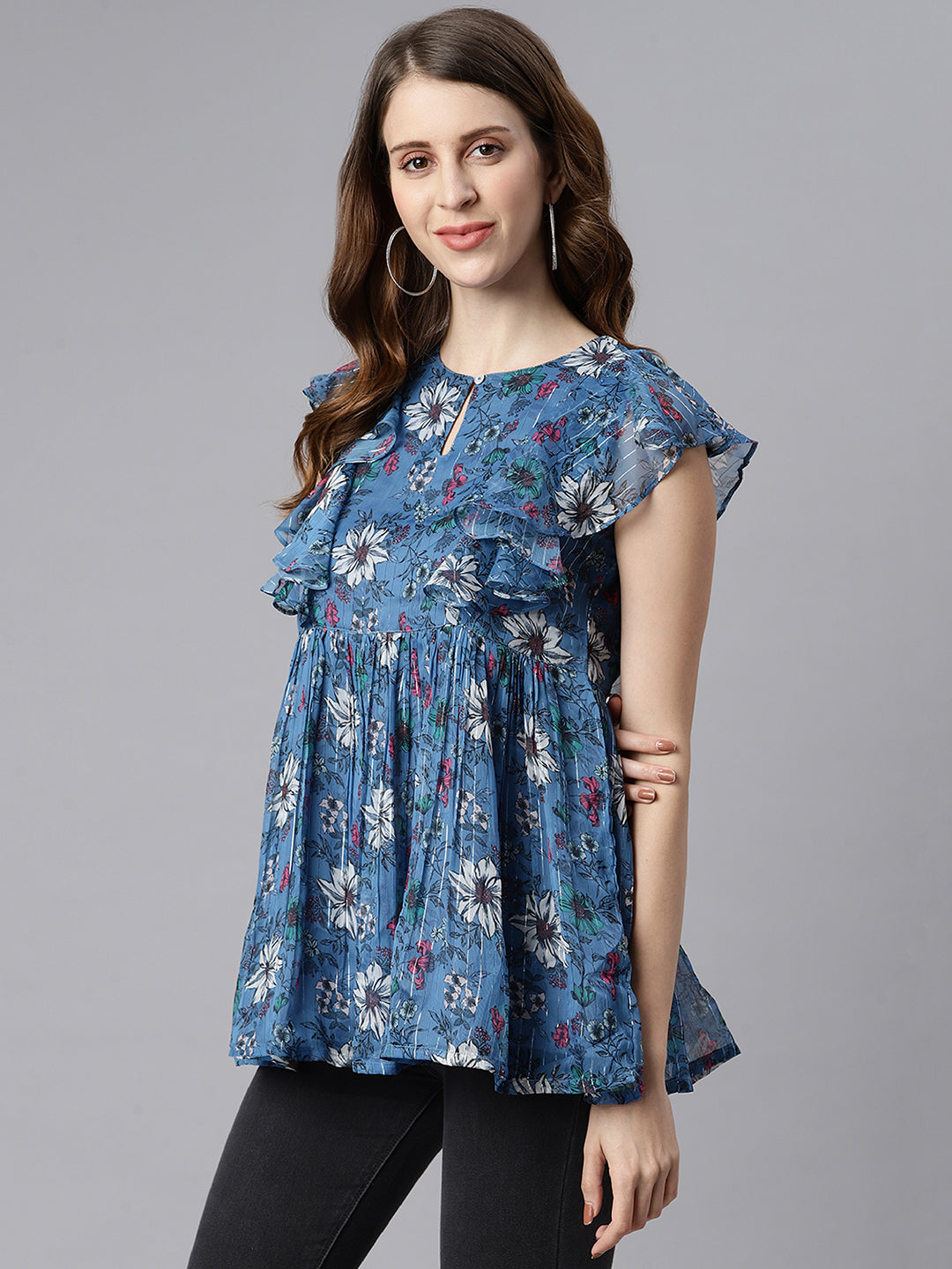 Janasya Women's Blue Poly Georgette Floral Print Gathered Top | Swadesiicart