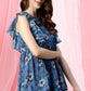 Janasya Women's Blue Poly Georgette Floral Print Gathered Top | Swadesiicart