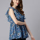 Janasya Women's Blue Poly Georgette Floral Print Gathered Top | Swadesiicart