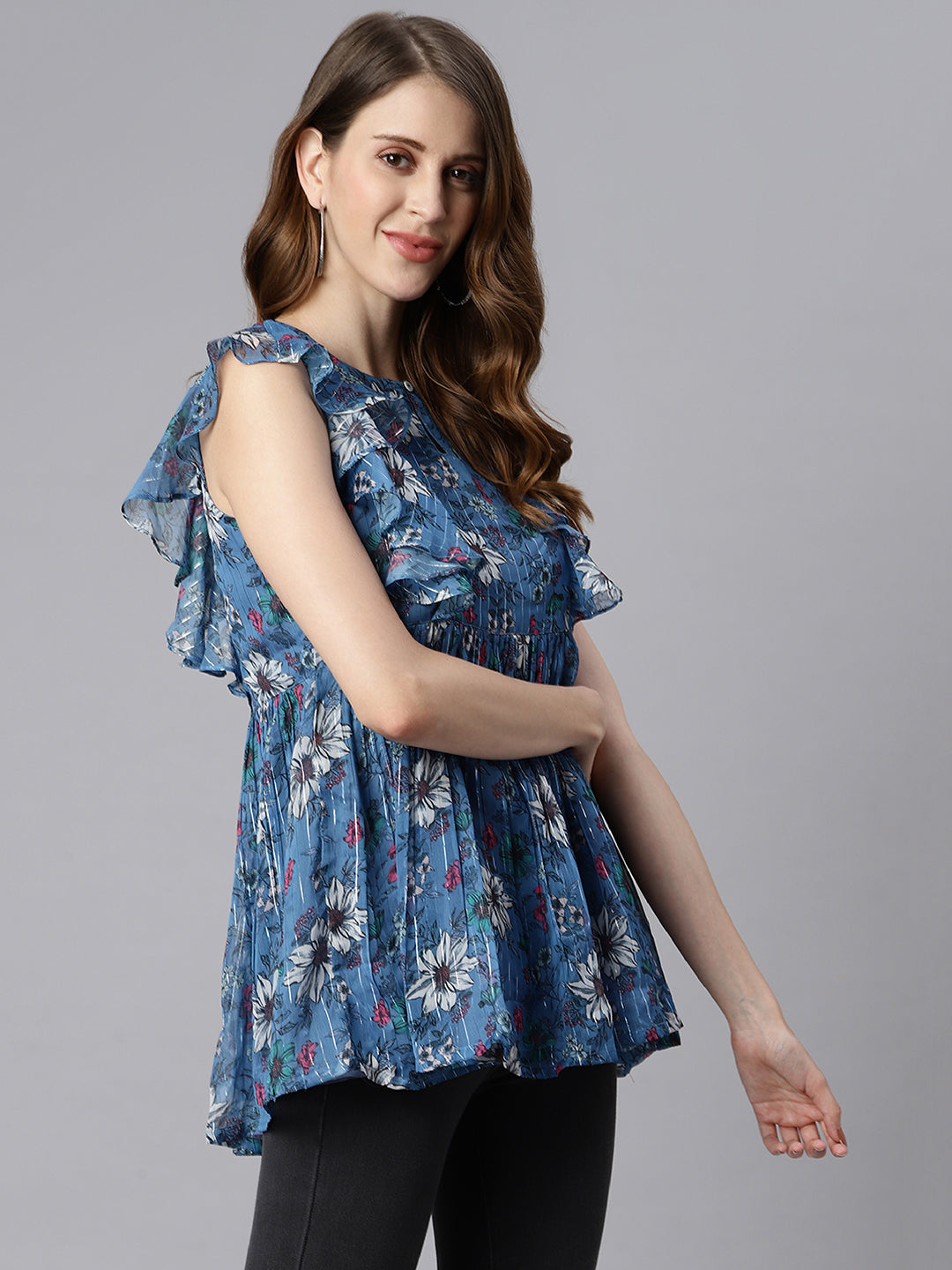 Janasya Women's Blue Poly Georgette Floral Print Gathered Top | Swadesiicart