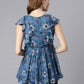 Janasya Women's Blue Poly Georgette Floral Print Gathered Top | Swadesiicart