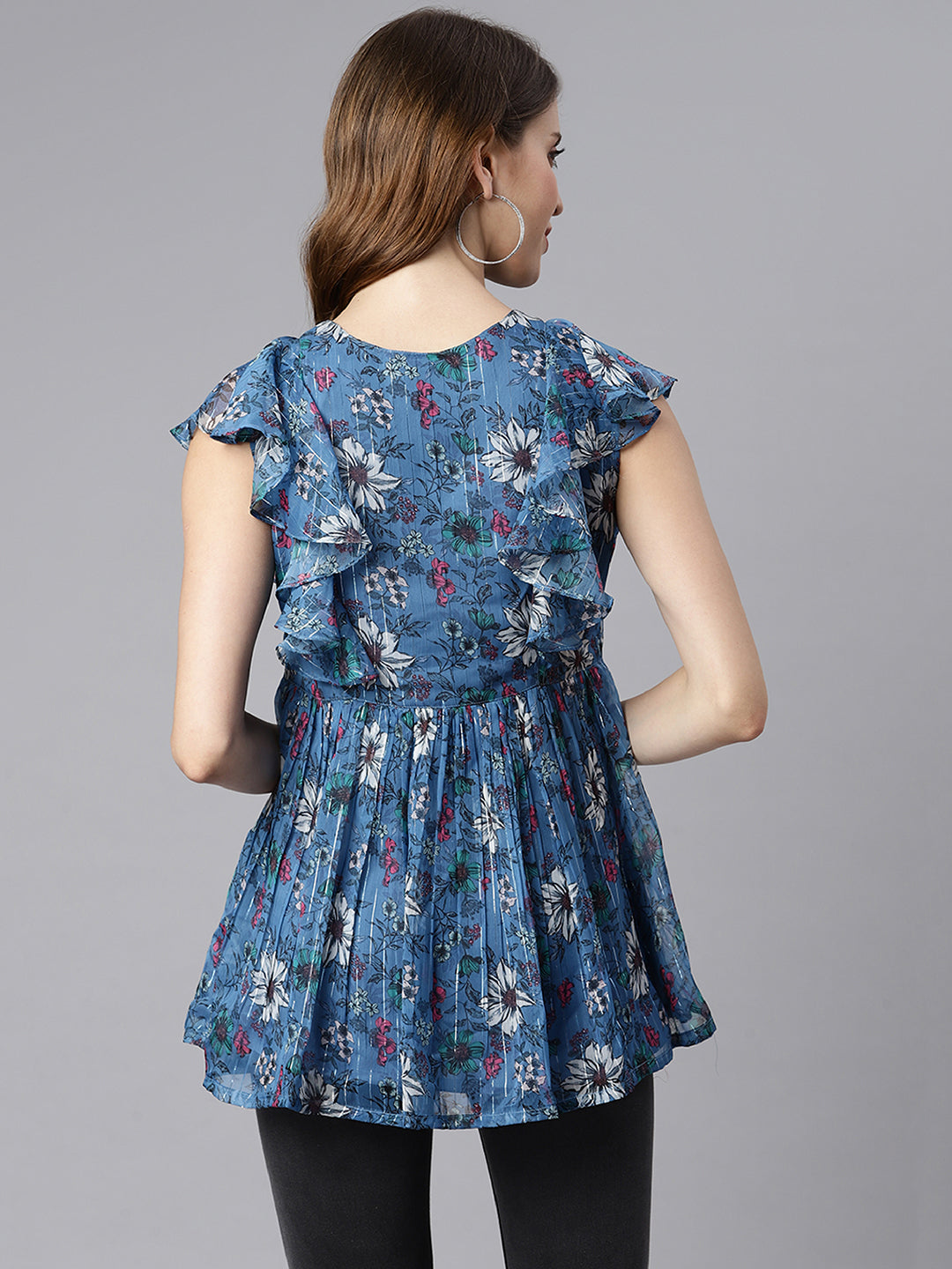 Janasya Women's Blue Poly Georgette Floral Print Gathered Top | Swadesiicart