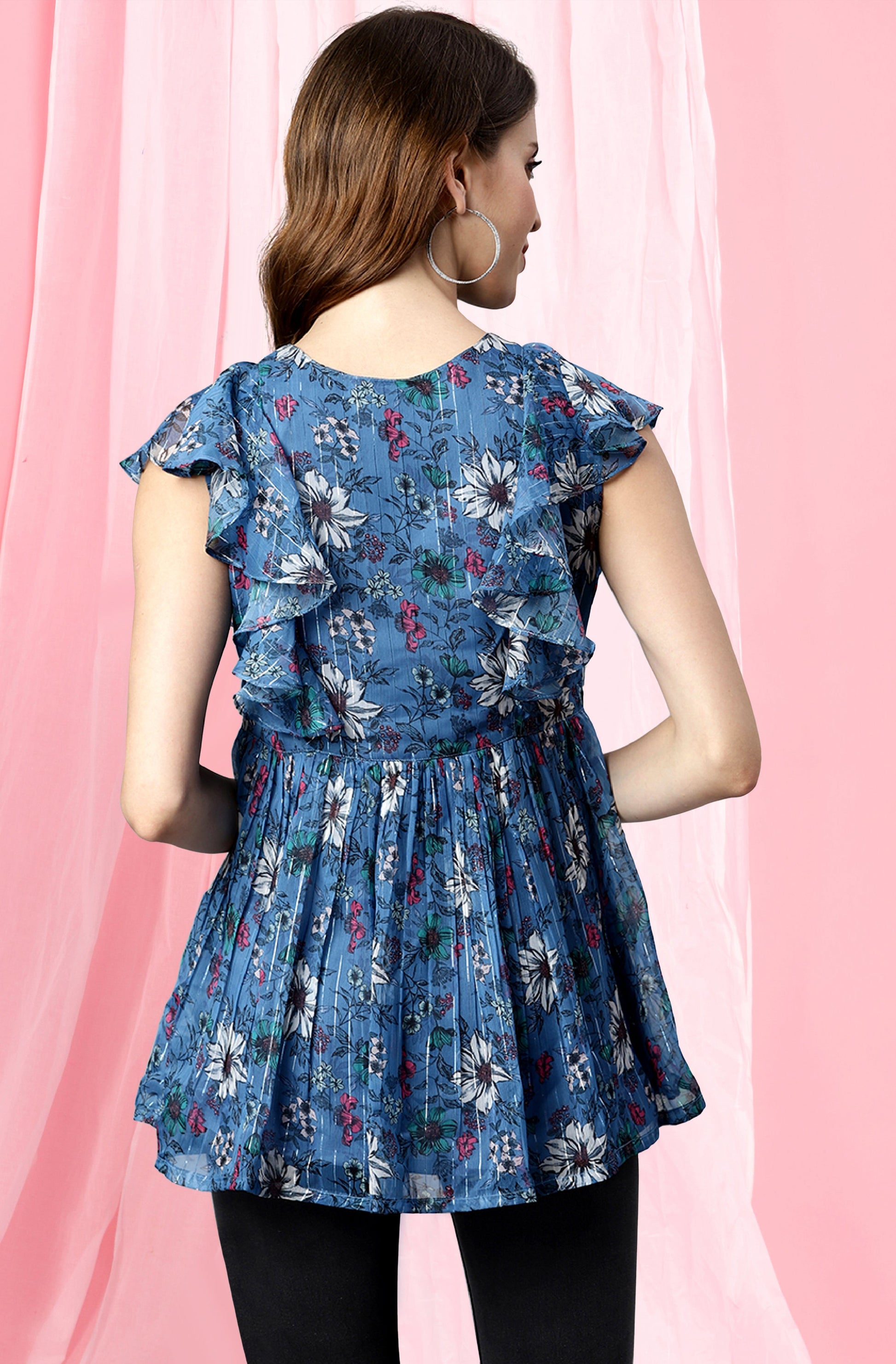 Janasya Women's Blue Poly Georgette Floral Print Gathered Top | Swadesiicart