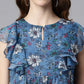 Janasya Women's Blue Poly Georgette Floral Print Gathered Top | Swadesiicart