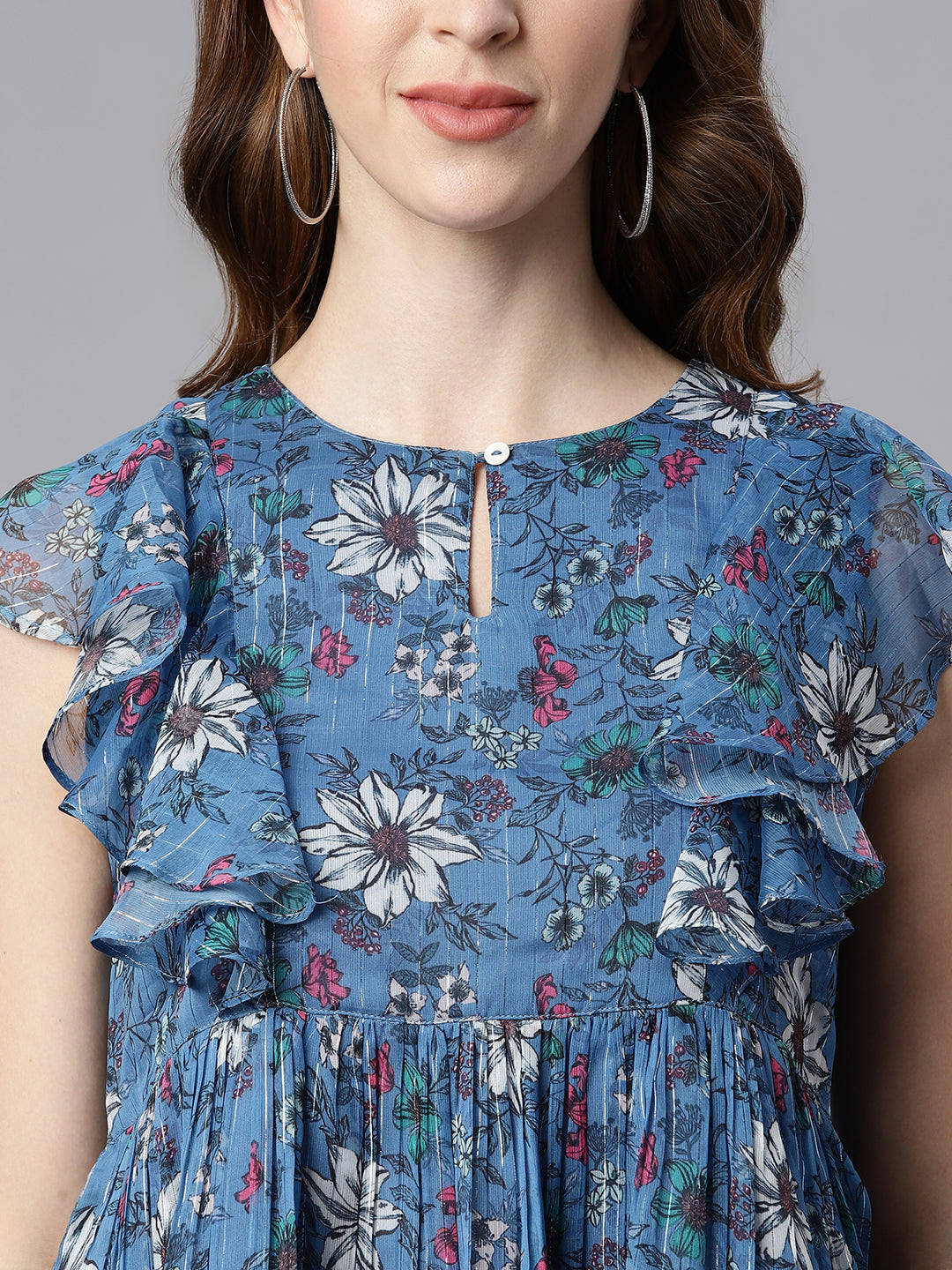 Janasya Women's Blue Poly Georgette Floral Print Gathered Top | Swadesiicart