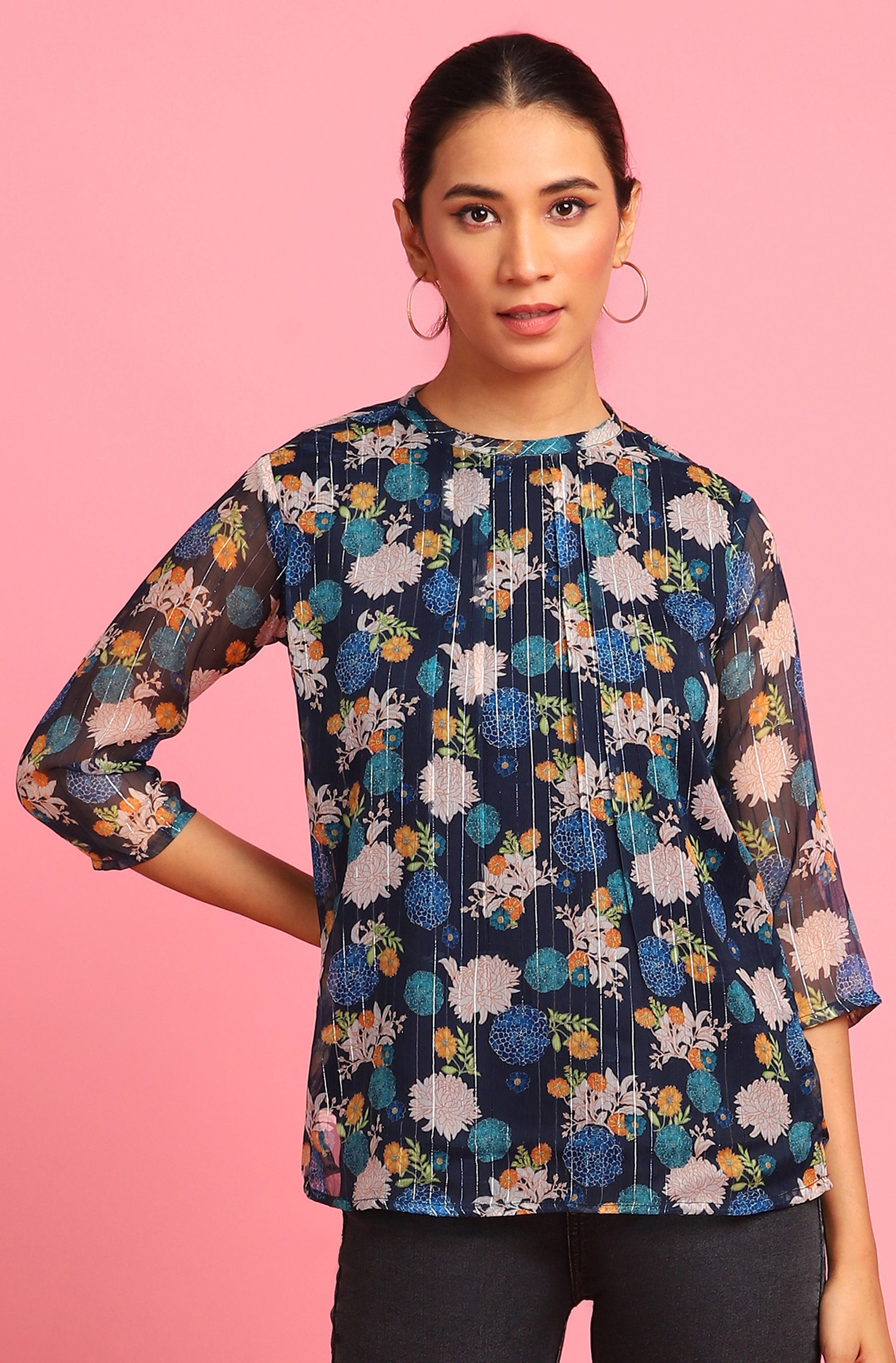 Janasya Women's Navy Blue Poly Georgette Floral Print Regular Top | Swadesiicart
