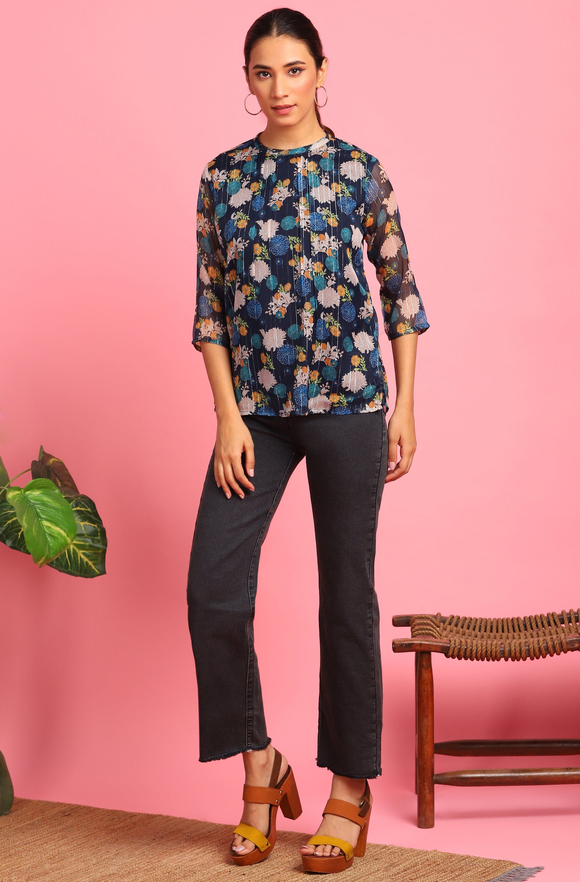 Janasya Women's Navy Blue Poly Georgette Floral Print Regular Top | Swadesiicart