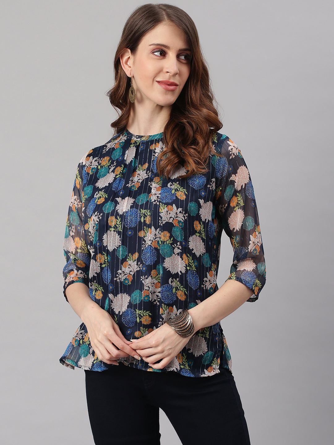 Janasya Women's Navy Blue Poly Georgette Floral Print Regular Top | Swadesiicart