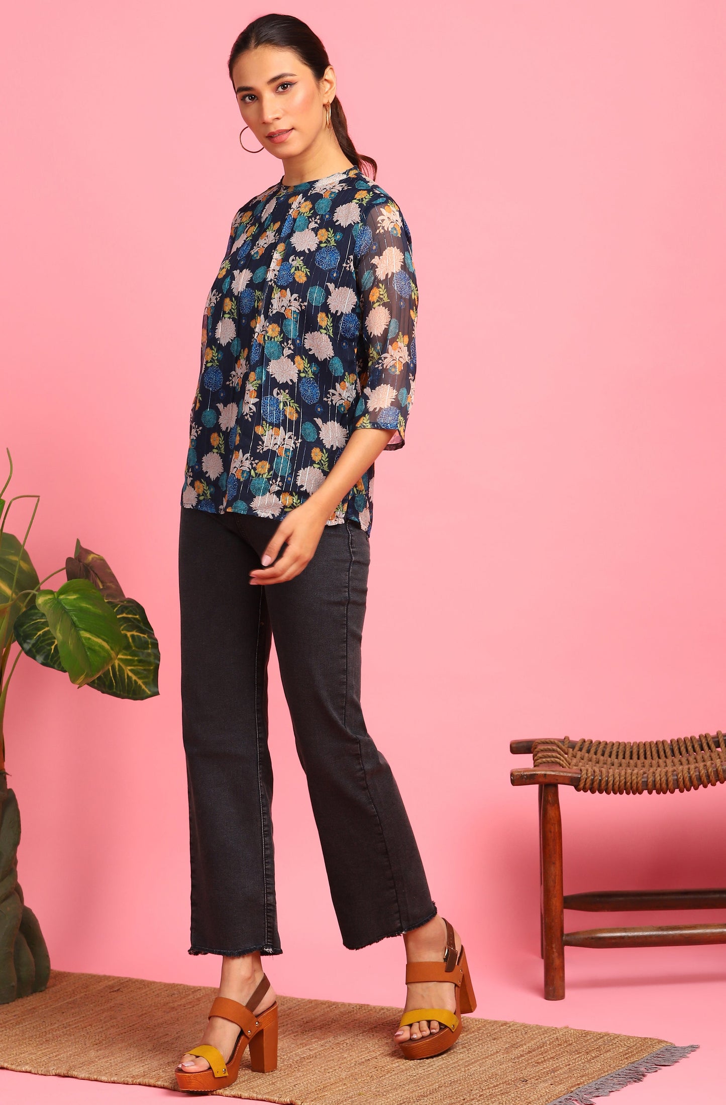 Janasya Women's Navy Blue Poly Georgette Floral Print Regular Top | Swadesiicart