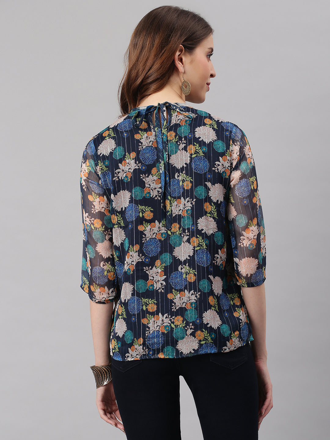 Janasya Women's Navy Blue Poly Georgette Floral Print Regular Top | Swadesiicart
