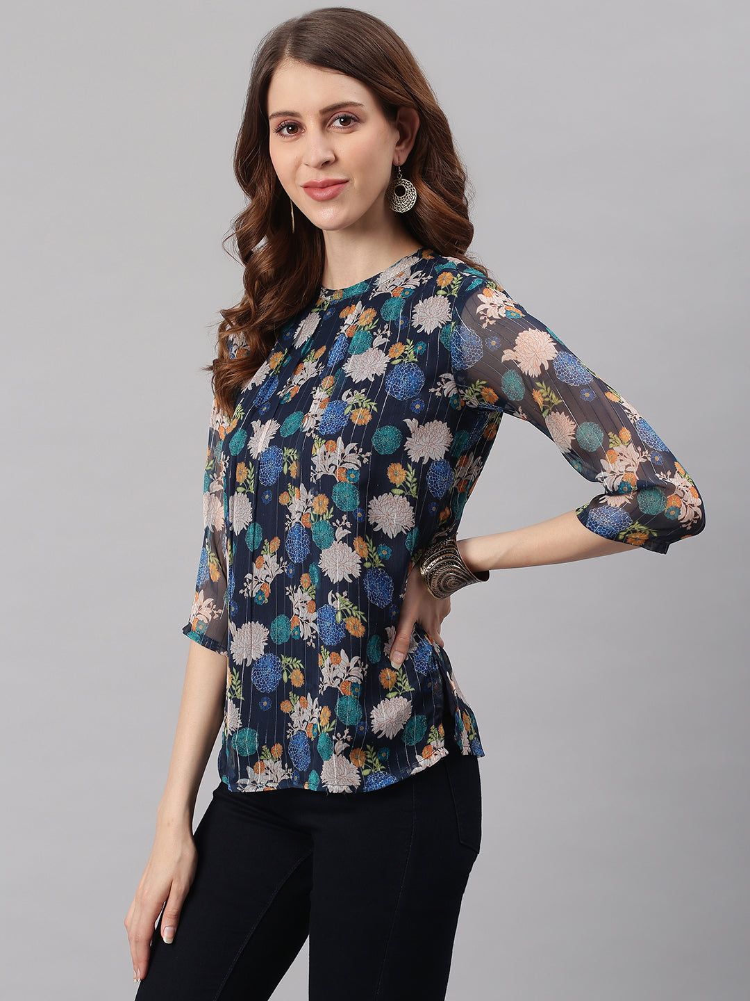 Janasya Women's Navy Blue Poly Georgette Floral Print Regular Top | Swadesiicart