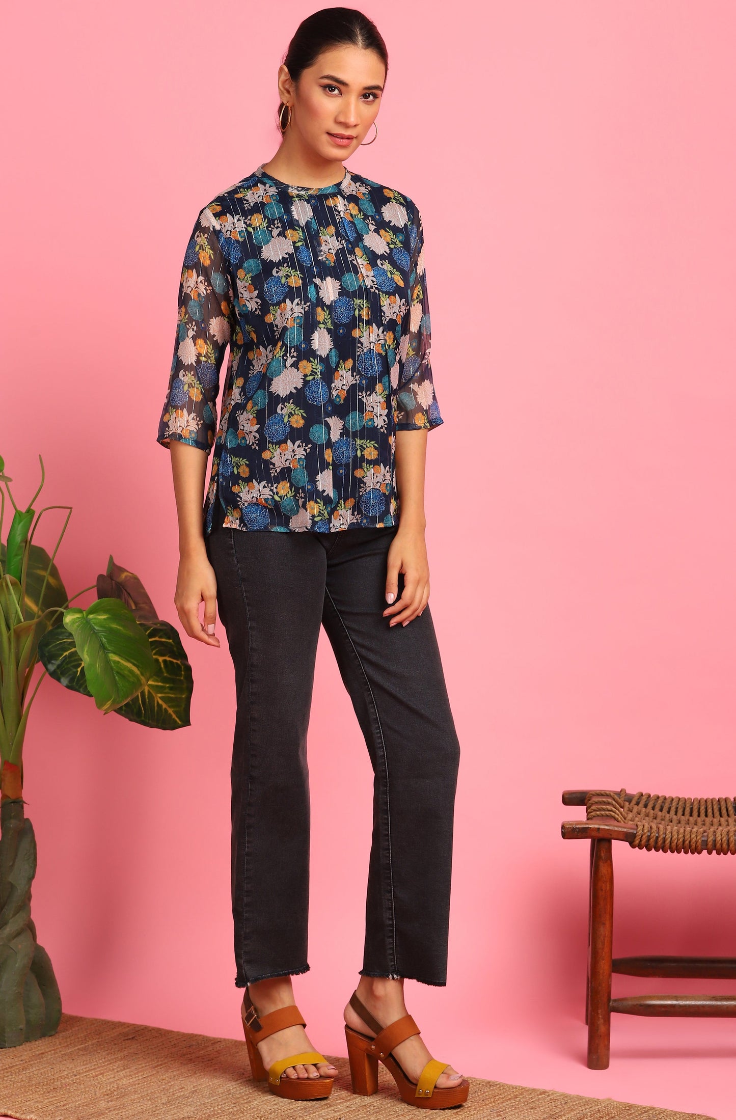 Janasya Women's Navy Blue Poly Georgette Floral Print Regular Top | Swadesiicart