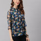 Janasya Women's Navy Blue Poly Georgette Floral Print Regular Top | Swadesiicart