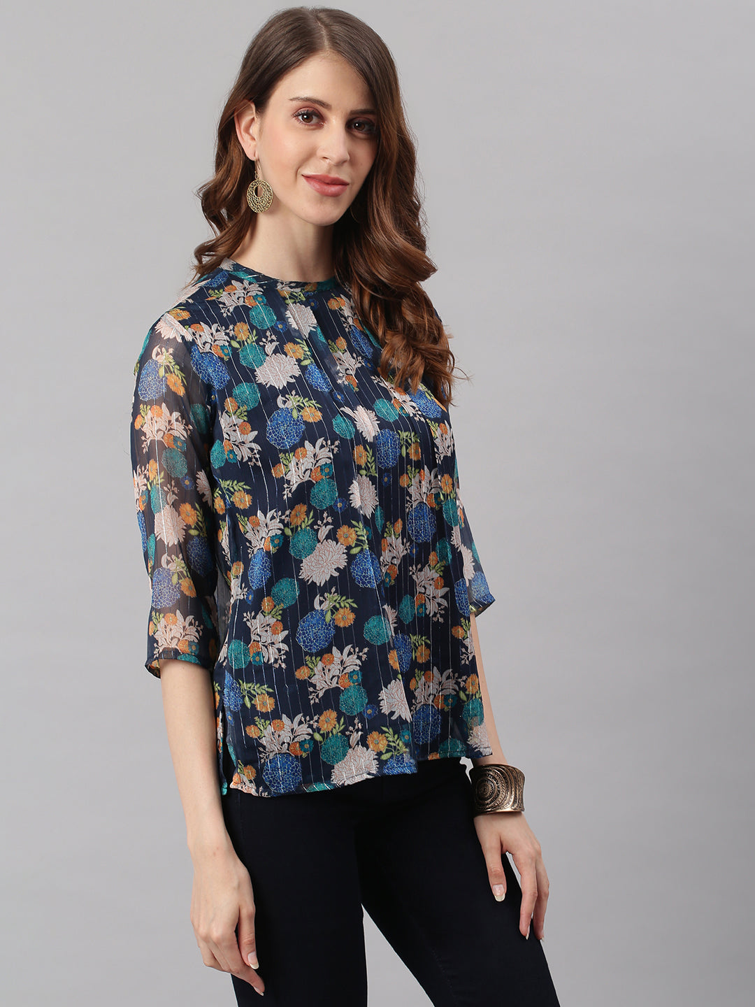 Janasya Women's Navy Blue Poly Georgette Floral Print Regular Top | Swadesiicart