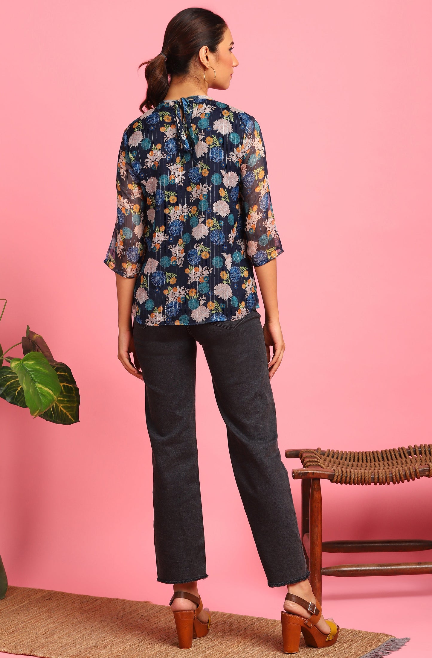 Janasya Women's Navy Blue Poly Georgette Floral Print Regular Top | Swadesiicart