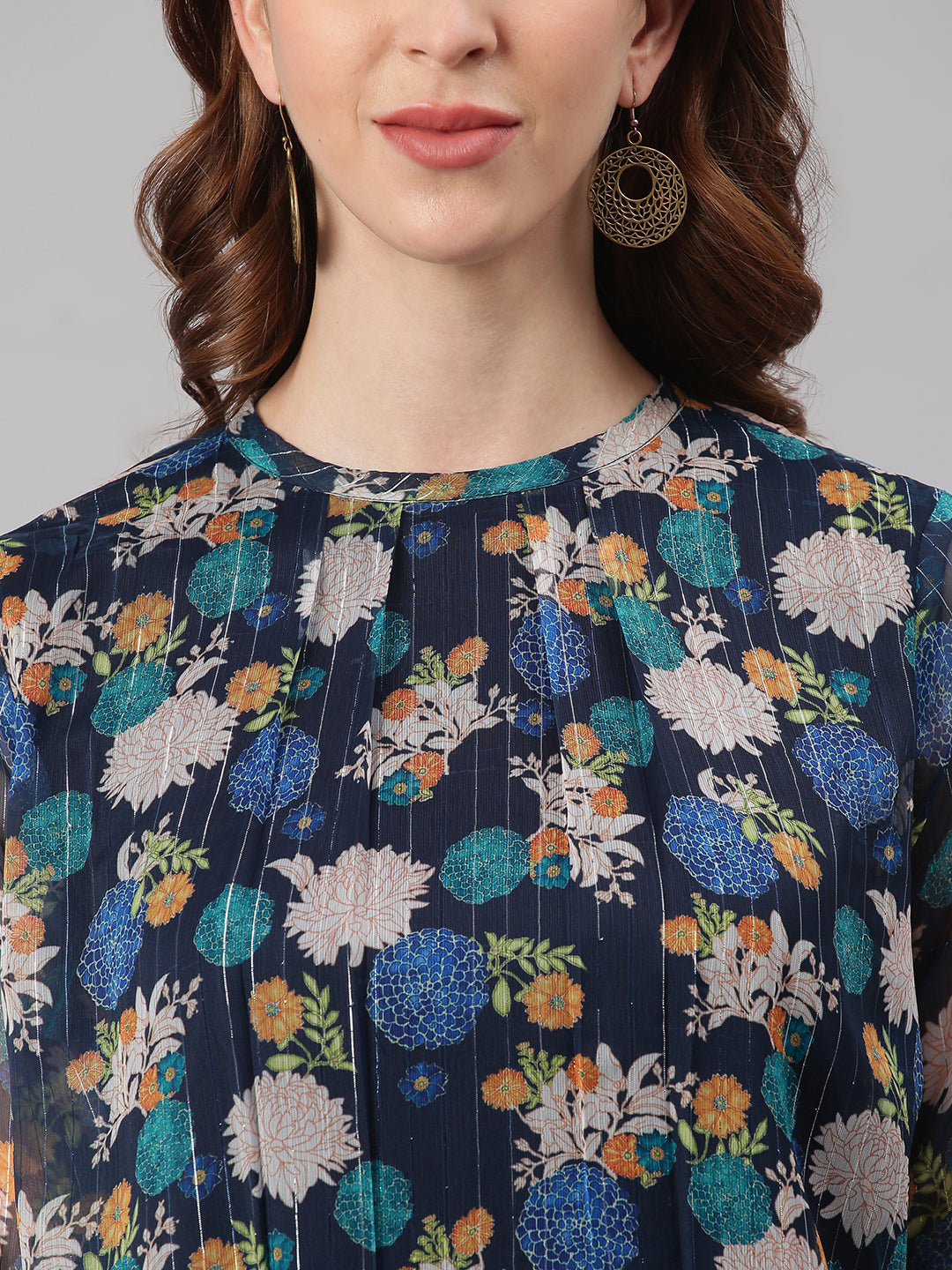 Janasya Women's Navy Blue Poly Georgette Floral Print Regular Top | Swadesiicart