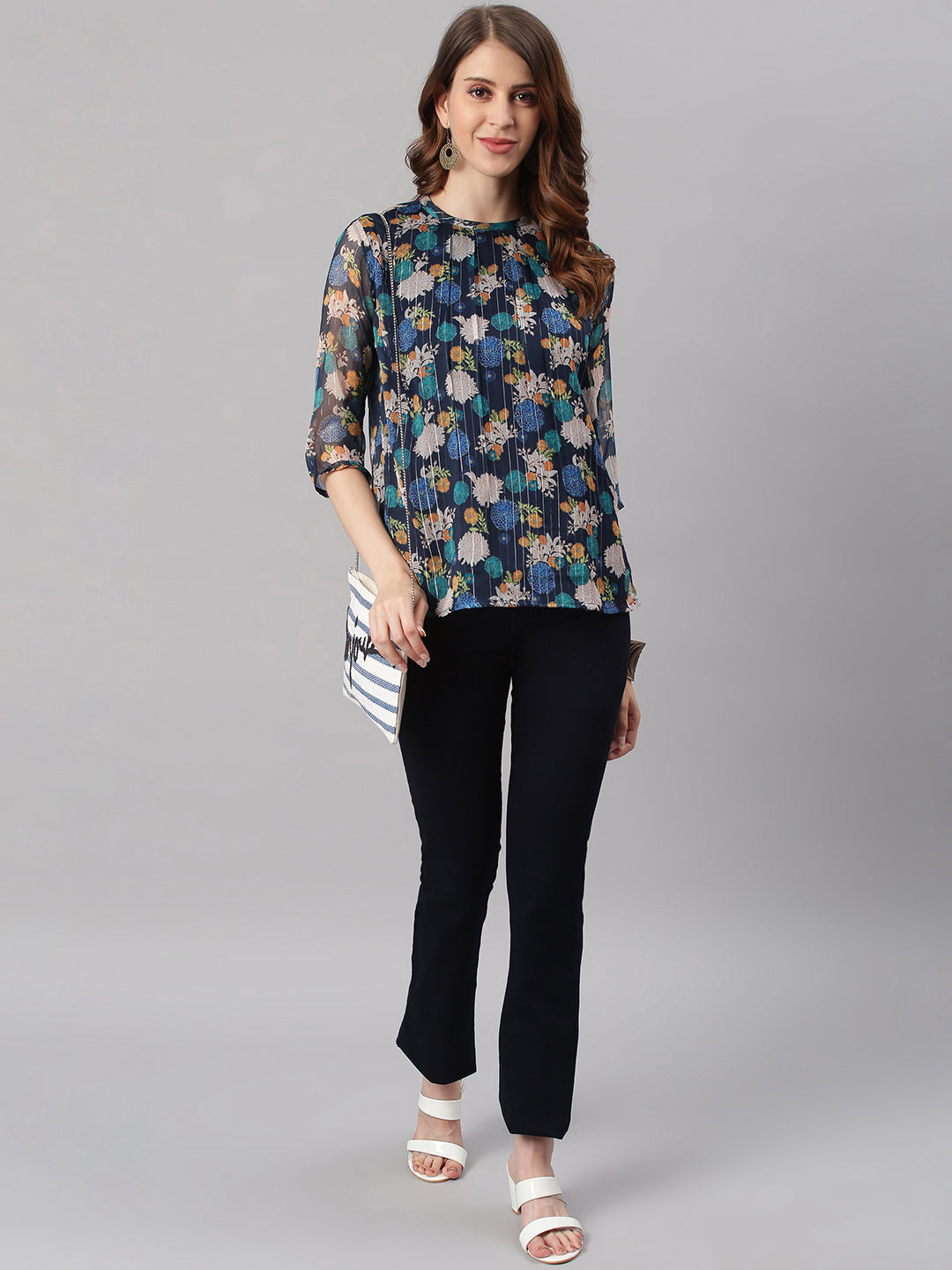 Janasya Women's Navy Blue Poly Georgette Floral Print Regular Top | Swadesiicart