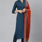 Janasya Women's Teal Rayon Solid Kurta With Pant And Dupatta | Swadesiicart