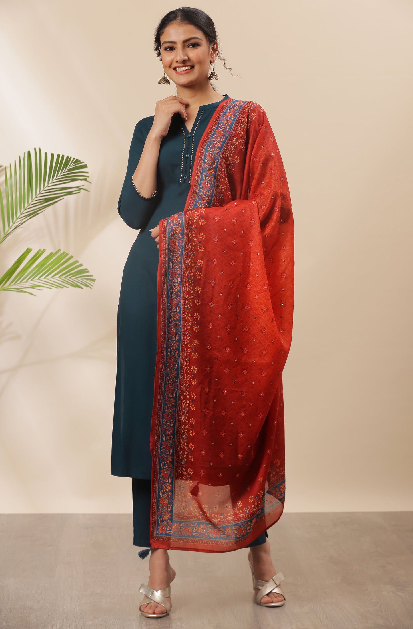 Janasya Women's Teal Rayon Solid Kurta With Pant And Dupatta | Swadesiicart