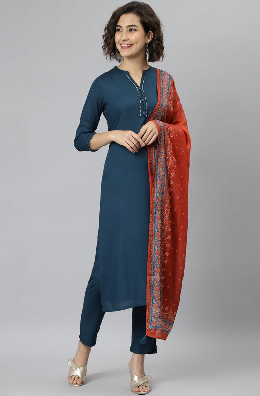 Janasya Women's Teal Rayon Solid Kurta With Pant And Dupatta | Swadesiicart