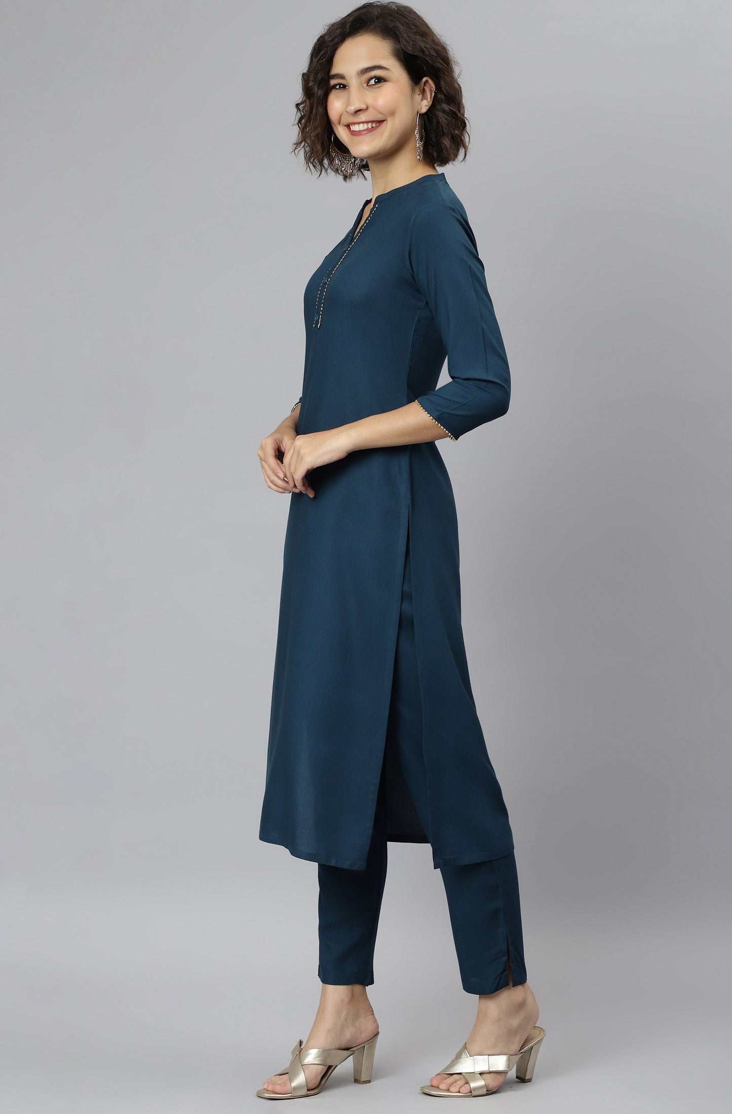 Janasya Women's Teal Rayon Solid Kurta With Pant And Dupatta | Swadesiicart